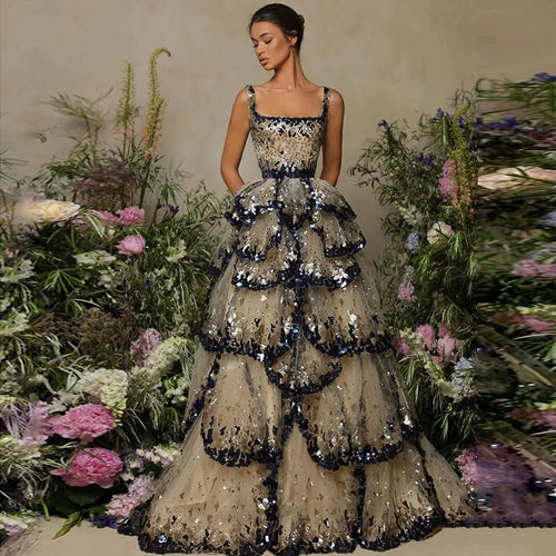 Sharon Said Luxus Dubai Abendkleider 2024 Stufenrüschen Glitzer Pailletten für Partykleid Gala Festliche Kleider SS243 Maßanfertigung