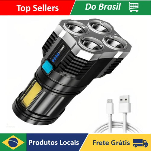 NEVERDIE STORE - Wasserdichte 4-Kern-LED-Taschenlampe, leistungsstark, USB wiederaufladbar, SCHNELLER VERSAND NACH GANZ BRASILIEN