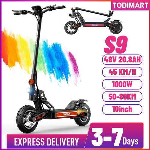 TODIMART S9 Adult Electric Scooter 1000W Motor 48V20.8AH Battery 80KM row Escooter 10 "Off-Road Fire E-Scooter