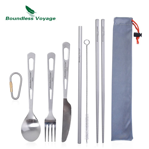 Boundless Voyage Titan Besteck Reiseset Titan Messer Gabel Löffel Essstäbchen Strohhalm Outdoor Camping Picknick Besteck