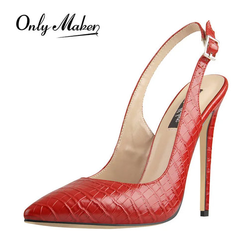 Onlymaker Women 12CM Slingback High Heels Pumps Red Color Pointed Toe Ankle Strap Big Size Fashion Sandals