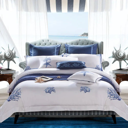 Bettwäsche-Set, blau bestickt, weiß, aus Premium ägyptischer Baumwolle, seidig weich, mit tiefer Matratzenhöhe, für Super/US King Queen