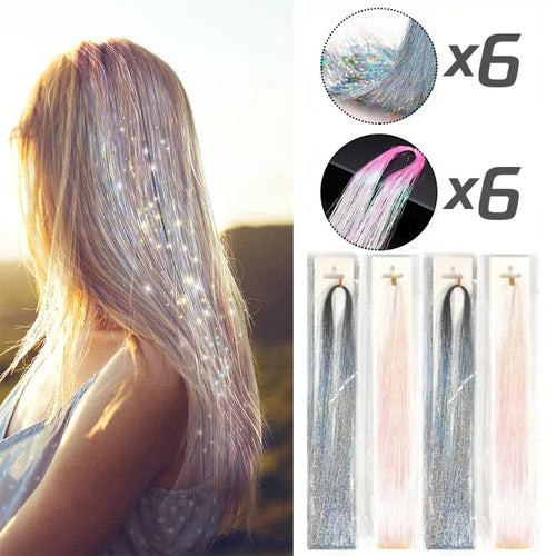Lametta-Haarverlängerung, 12 Stück, glitzernd, glänzend, Feen-Haarschmuck für Damen und Mädchen für Weihnachten, Neujahr, Halloween