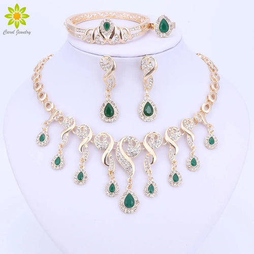 Gold Color Crystal African Beads Jewelry Sets For Women Dress Accessories Wedding Bridal Necklace Earrings Bracelet Ring Sets