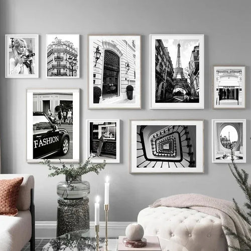 Modern Pop Wall Art Paris Fashion Tower Vintage Girl Black and White HD Canvas Print Poster Home Living Room Bedroom Decoration