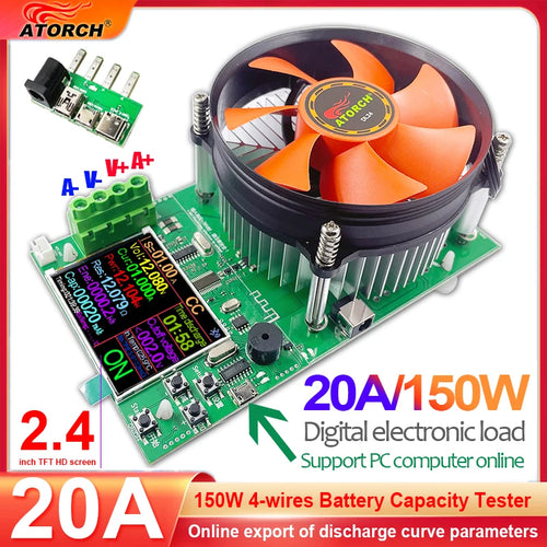 150W 4-wires Battery Capacity Tester 2.4 Inch TFT Color Screen CNC Type Electronic Load Power Discharge Tester with EU Adapter