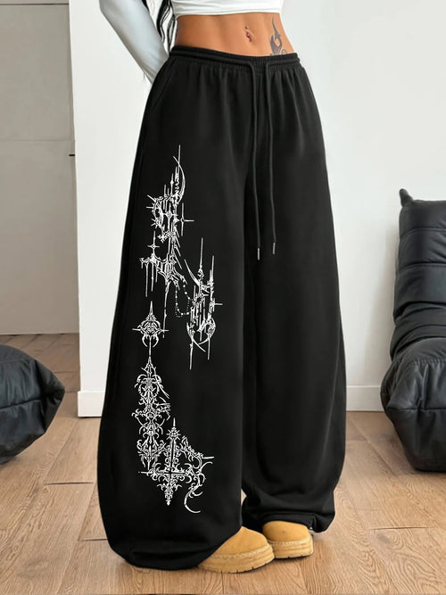 Women's Street Style Casual Sweatpants with Punk Style Patterns New Arrivals for Spring Fleece Loose Fit Streetwear Oversized
