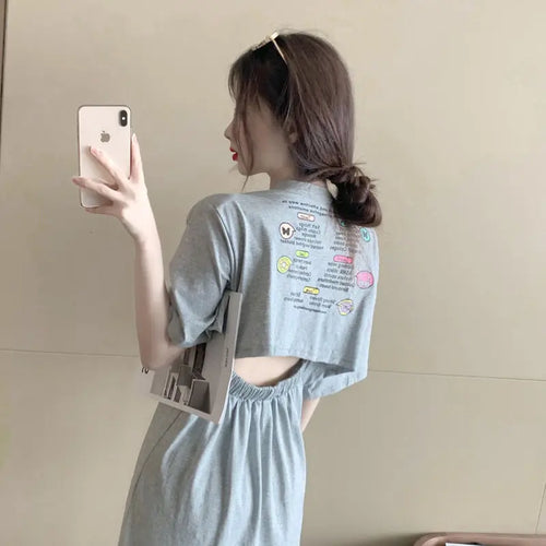 Sommer Rückenfreies Midikleid mit Schlitzsaum Rundhals Kurzarm bedruckt Damenkleider Koreanische Mode Damenbekleidung