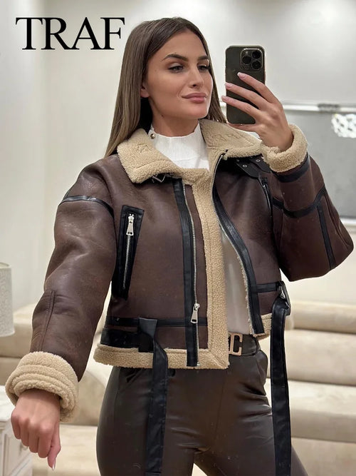 TRAFZA Winter Damen Gürtel Kurzjacke Windbreaker Mantel Mode Retro Warme Verdickte Langarm Reißverschluss Mujer Roupa Street