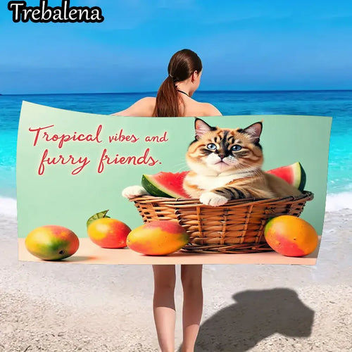 30*60 Zoll Ultraweiches Strandtuch mit tropischen Vibes, Katzen-Strandtuch mit pelzigen Freunden