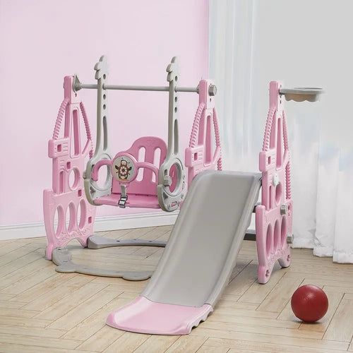 3-in-1 Kinder-Gartenklettergerüst mit Rutsche & Schaukelset Basketballkorb Kinderspielplatz, Pink