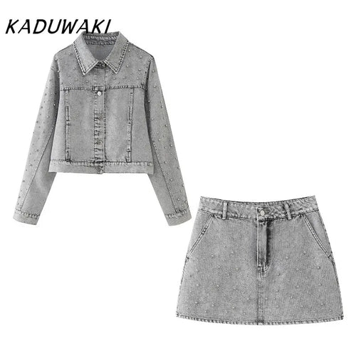 KADUWAKI Chic Able Faux Pearl Embellished Women's Short Denim Jacket 2-piece Set Retro Women's Elegant Zipper A-Line Mini Skirt