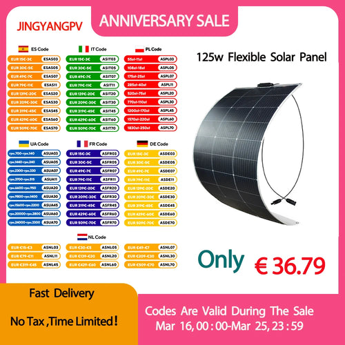 18V Solar Panel 125W 250W Flexible Solar Panels Monocrystaillne Solar Cell 12V/24V Battery Charge 1000W Home System Kits RV Boat
