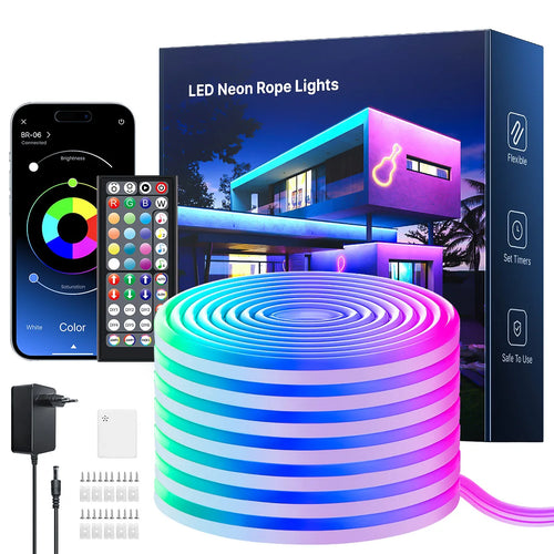 RGB Flexible Neon Strip Lights with App/Remote Control, Multiple Modes, Music Sync, IP65 Waterproof LED Strip Neon Rope Lamp