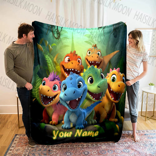 Personalisierte Decke mit individuellem Namen, Cartoon-Dinosaurier-Print, warm und bequem für Sofa, Bett, Reisen, Camping, Picknick, Auto