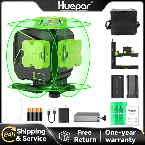 Huepar S04CG-LC Set 16 Lines Laser Level With Support 4D Self-leveling Cross Line Green Level Tiling Floor Laser Tools