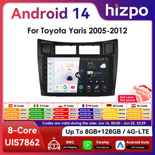 Hizpo 2Din 9inch CarPlay Android Auto Car Radio for Toyota Yaris 2005 - 2012 Navigation GPS RDS DSP BT 4G SWC UI7862 Headunit