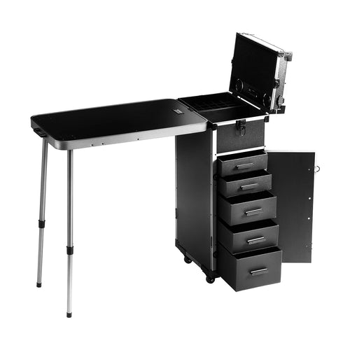 SucceBuy Professional Makeup Train Case Aluminum Cosmetic Case Workbench With Supporting Legs Rolling Makeup Case Extra Large