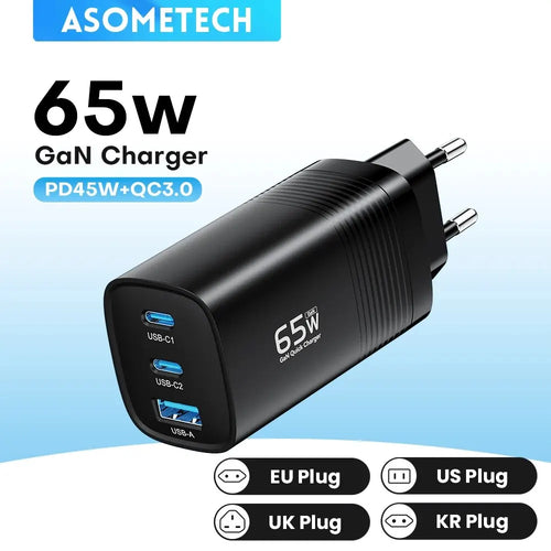 ASOMETECH GaN 65W USB-C Charger | PPS PD QC4.0 for MacBook & Phone