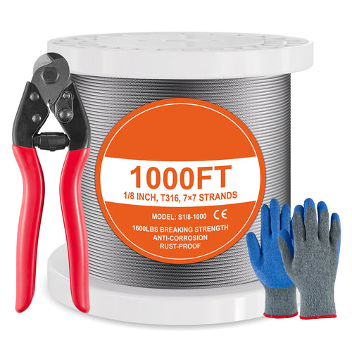 SucceBuy 600/1000ft 1/8" 7x7 Strands Wire Rope Kit with Cutter & Gloves 316 Stainless Steel Cable for Handrail Decking Fence