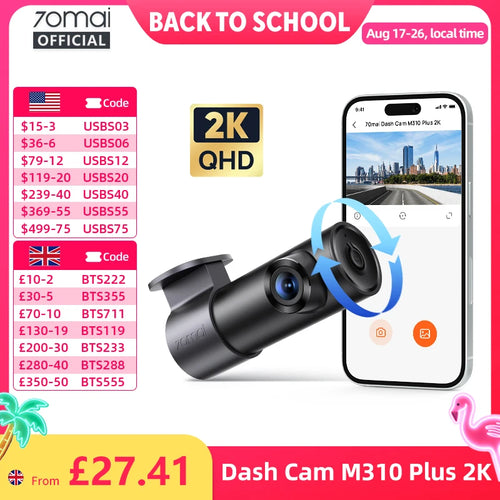 70mai M310 Plus 2K Dash Cam 1440P Image Enhanced Night Vision f/1.55 Aperture 24H Parking Mode Smart Voice Control Car Camera