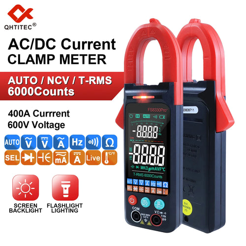 QHTITEC DC/AC Current Digital Clamp Meter 6000 Counts 400A Amp Multimeter Large Color Screen Voltage Tester Car Hz NCV Ohm Meter