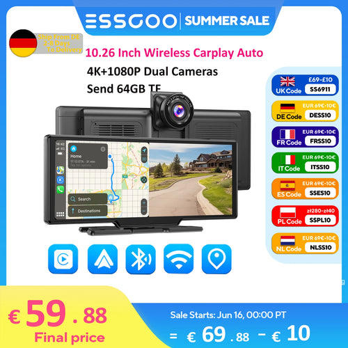 ESSGOO 10.26" Wireless CarPlay & Android Auto Dash Cam ADAS 4K DVR Bluetooth Audio AUX GPS Navigation Dashboard Video Recorder