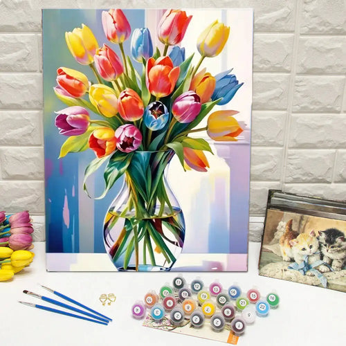 Momoart New Arrivals Paint Kit For Adults Tulip Flower DIY Painting By Numbers Vase Kit Canvas Handmade Gift