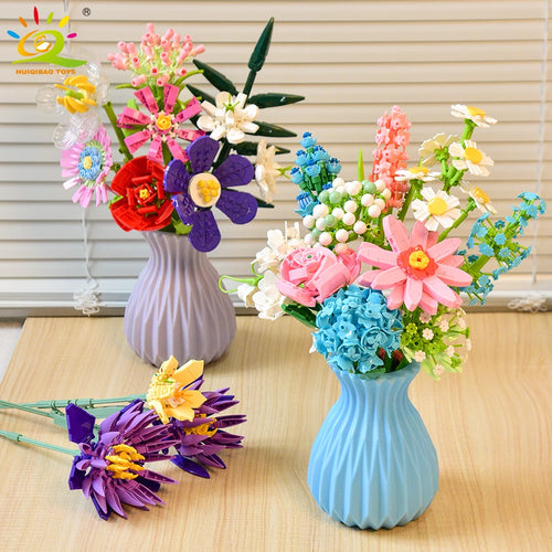 HUIQIBAO MOC Blumenmodell Bausteine 3D Strauß Pflanzen Sonnenblume Rose Baustein-Sets Kinder DIY Lernspielzeug Heimdekoration