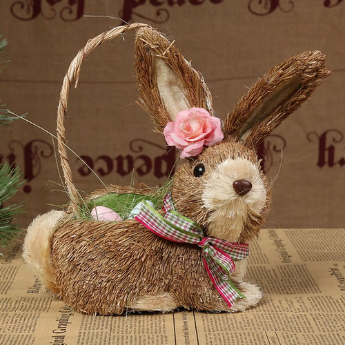Stroh-Kaninchen-Dekoration, gefüllter Eierkorb, Stroh-Osterhase-Dekoration, Ornament, Hasenfigur für die Frühjahrsdekoration drinnen und draußen