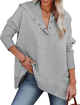 Funlingo Womens Oversized Hoodie Sweatshirt Casual Button V Neck Pullover Long Sleeve Hooded Tops With Pockets