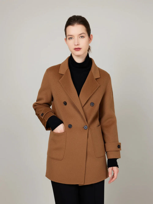 ASSUAL Double Breasted Woolen Stitching Quilted Pocket Padded Down Coat