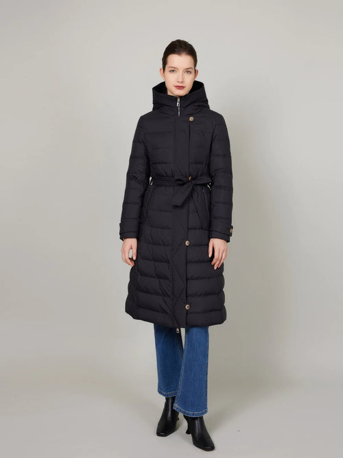 ASSUAL Quilted Hooded Long Down Coat With Belt