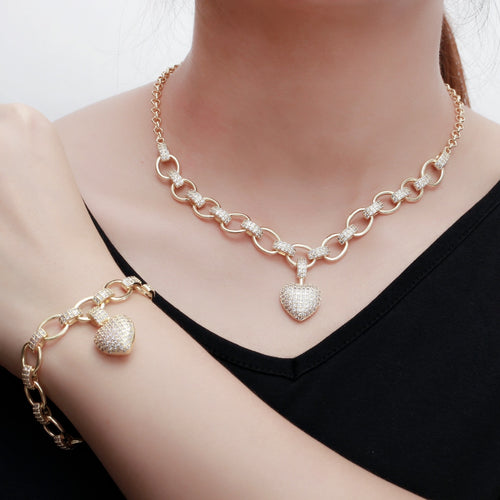 CWWZircons 585 Gold Color Cubic Zirconia Dangle Love Heart Shape Charm Bracelet Pendant Necklace Women Costume Jewelry Set T468