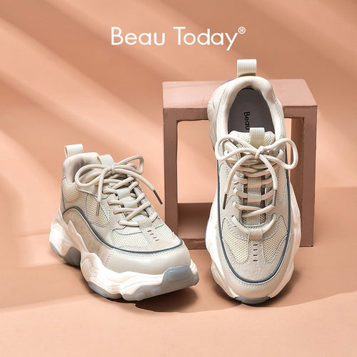 BeauToday Women Chunky Sneakers Synthetic Leather Mesh Patchwork Round Toe Lace-Up Thick Sole Ladies Breathable Shoe 29402