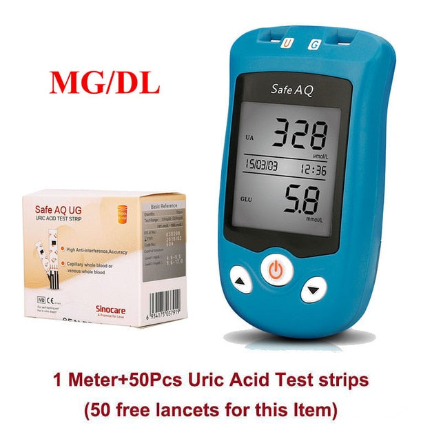 Sinocare Safe AQ UG mg/dL Blood Glucose & Uric Acid Meter & Glucose / Uric Strips for Diabetics Gout Glucose Meter Multi-package