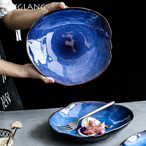 KINGLANG 1/2/4 Pcs Nordic Ceramic Food Dish Plate Household Pottery Irregular Dish Salad Platter Dish Dinnerware