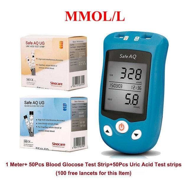 Sinocare Safe AQ UG mg/dL Blood Glucose & Uric Acid Meter & Glucose / Uric Strips for Diabetics Gout Glucose Meter Multi-package