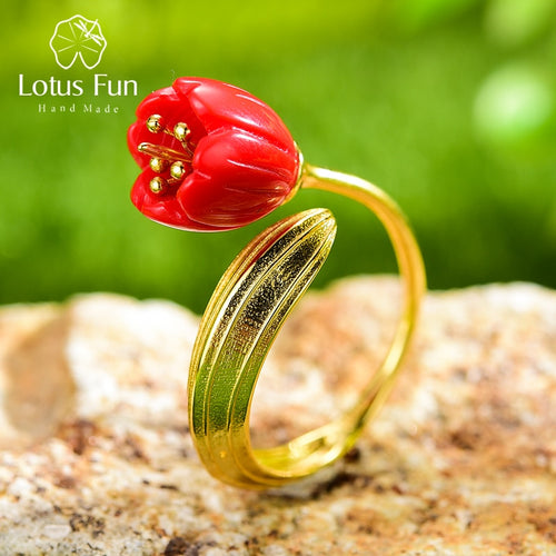 Lotus Fun Ring aus echtem 925er Sterlingsilber, 18 Karat Gold, rote Koralle, handgefertigt, feiner Schmuck, Maiglöckchen, Blumenringe für Frauen, Geschenk