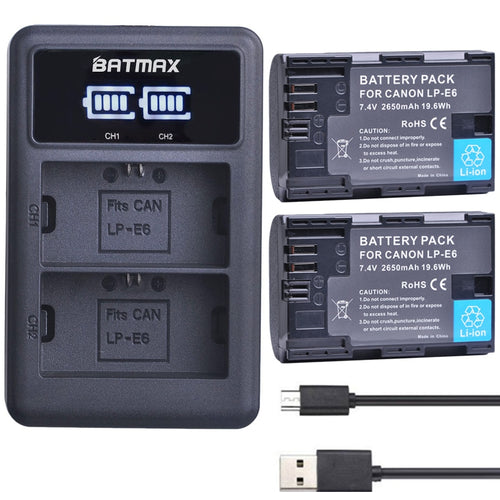 2X 2650mAh LP E6 LPE6 LP-E6 E6N Akku + LED Dual Ladegerät für Canon EOS 5DS R 5D Mark II 5D Mark III 6D 7D 70D 80D Kamera