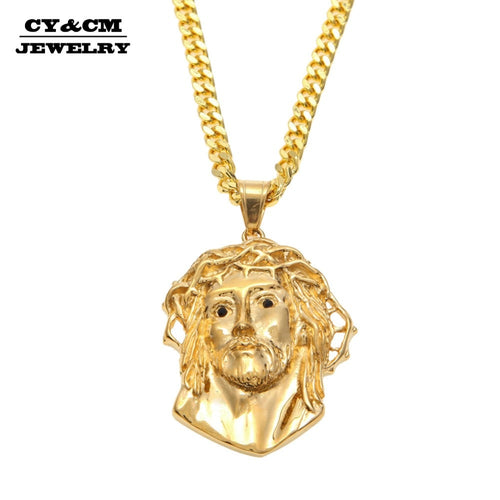 CY&CM Men Women Gold Jesus Christ Head Pendant Stainless Steel Gold Color Jesus Face Hip hop Necklace Chain Fashion Punk Jewelry