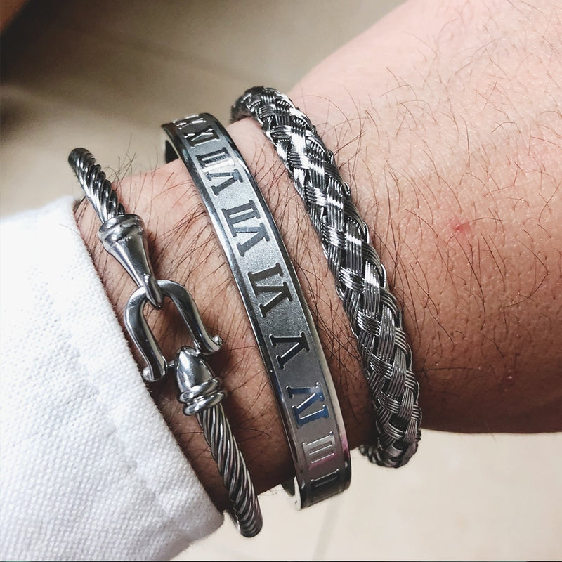 3pcs/Set Royal Roman Bracelets &amp; Bangles Cable Wire Love Bangles For Men Stainless Steel Pulseiras Men Jewelry Accessories