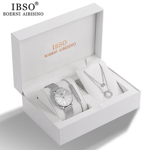 IBSO Frauen Quarzuhr Set Kristall Design Armband Halskette Uhr Sets Damenschmuck Mode Silber Luxusuhr Damengeschenk