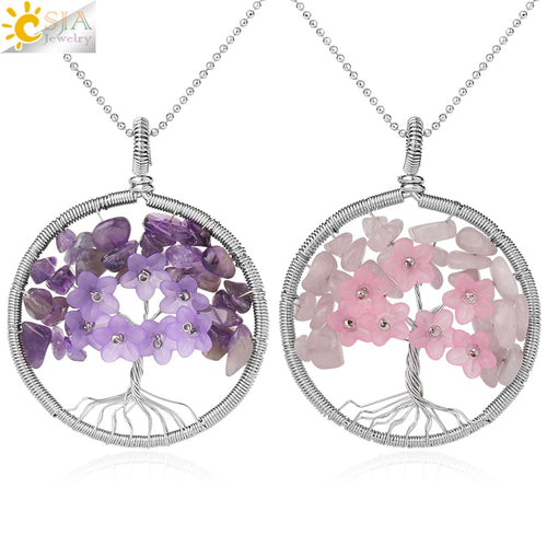 CSJA Baum des Lebens Anhänger Halskette Naturstein Silber Farbe Wire Wrap Quarz Kristall Chip Perle Blume Reiki Schmuck Frauen G306