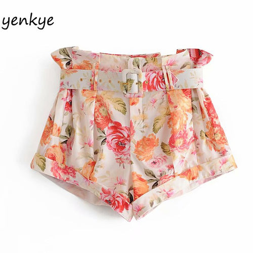 Floral Print Shorts Women Free Belt High Waist Casual Short Mujer Fashion Summer Short femme vetement femme LDZZ6309