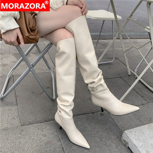 MORAZORA 2023 Size 33-43 Genuine Leather women boots stiletto heels pointed toe ladies shoes winter solid color knee high boots