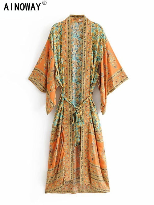 Vintage chic Women yellow Floral Print Sashes beach bohemian Kimono Ladies V Neck batwing Sleeves Maxi robe Boho bikini cover-up