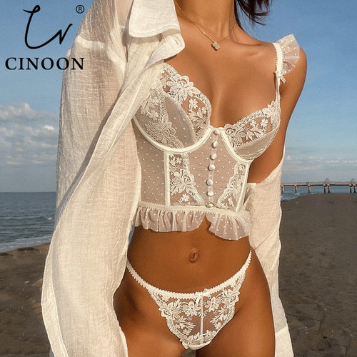 CINOON Französische Dessous Sexy Damen Unterwäsche Set Push Up Büstenhalter Spitze Transparent BH Panty Sets Hochzeit Weiße Dünne Unterwäsche