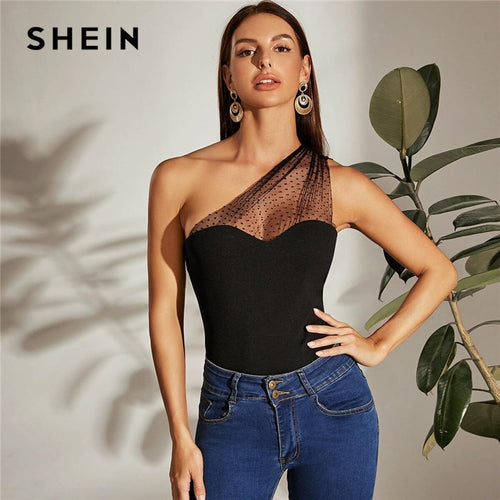 SHEIN Black One Shoulder Dot Flocked Mesh Yoke Top Women Summer Slim Fit Vest Sleeveless Elegant Solid Ladies Tops