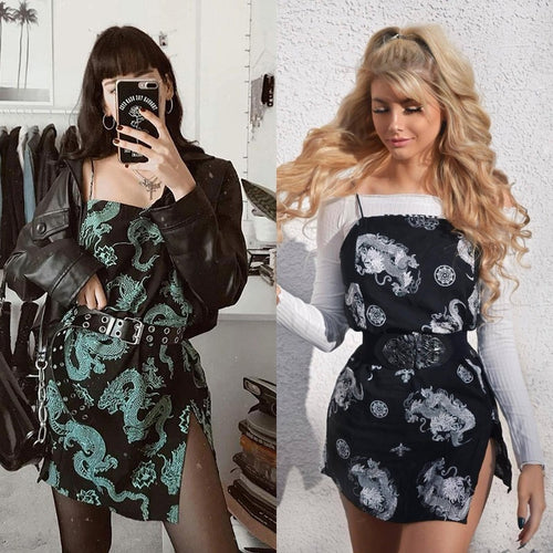Vintage Dragon Printed Mini Dress Summer 2020 Women Street Strap Dresse Club Slim Party Tigh Short Dress Harajuku Robes vestidos